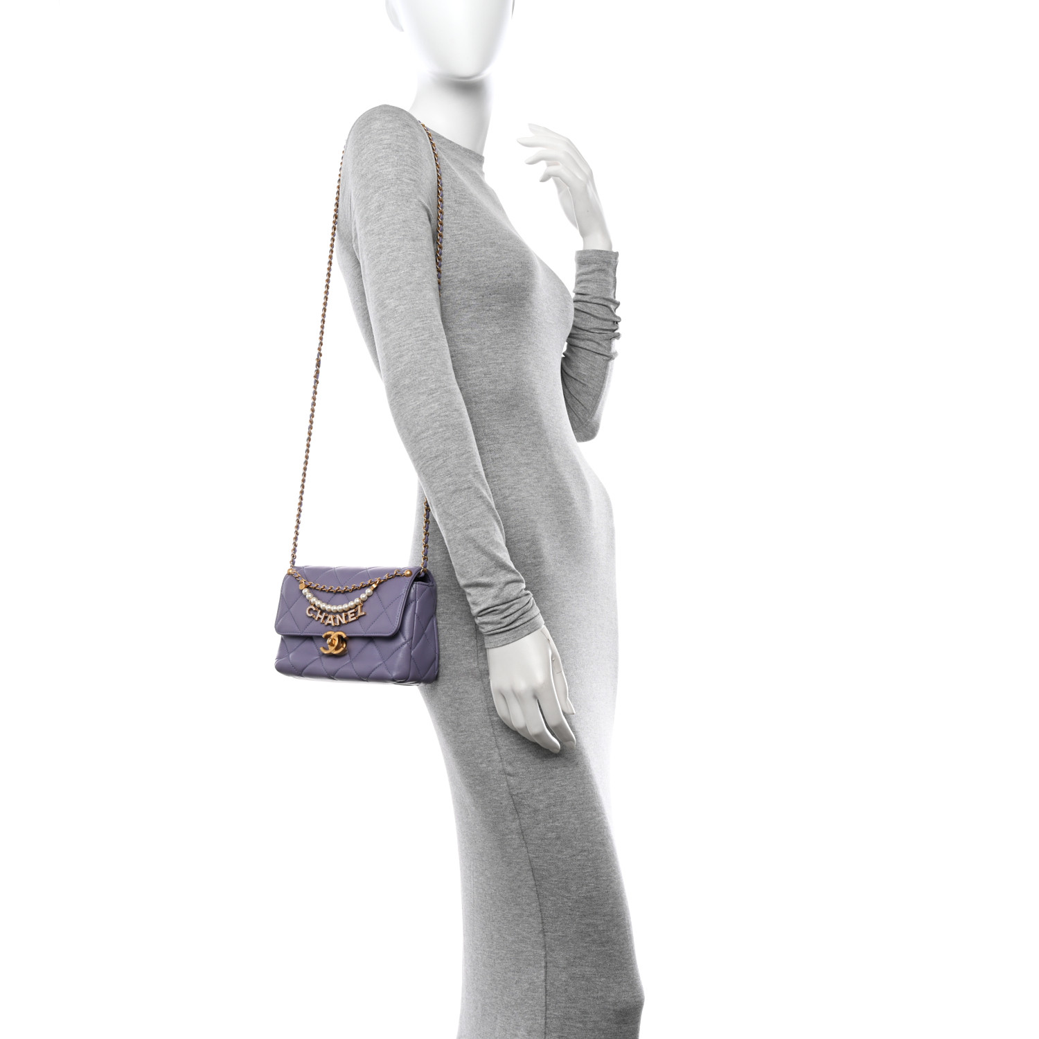 Chanel  Shiny Lambskin Quilted Mini Pearl Logo Flap Light Purple