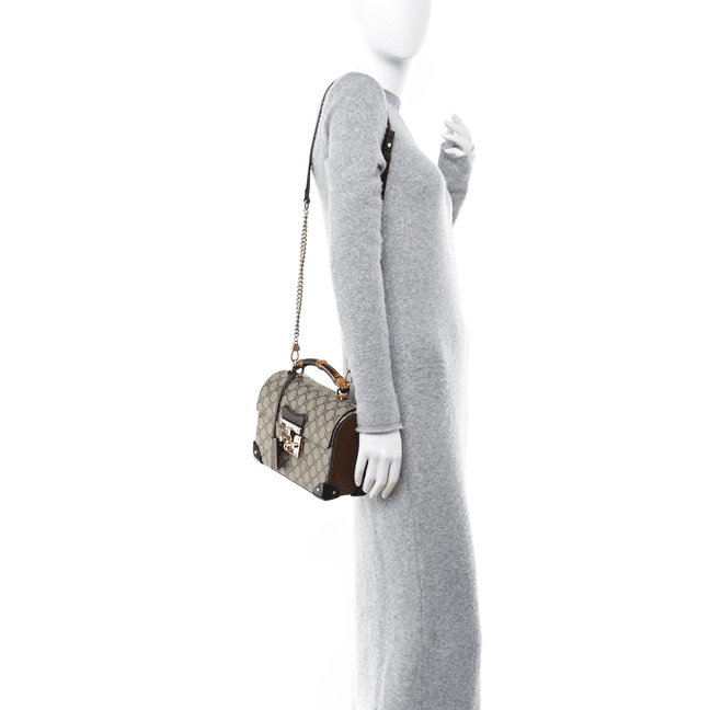 Gucci GG Supreme Monogram Small Padlock Bamboo Shoulder Bag Beige Black Cuir