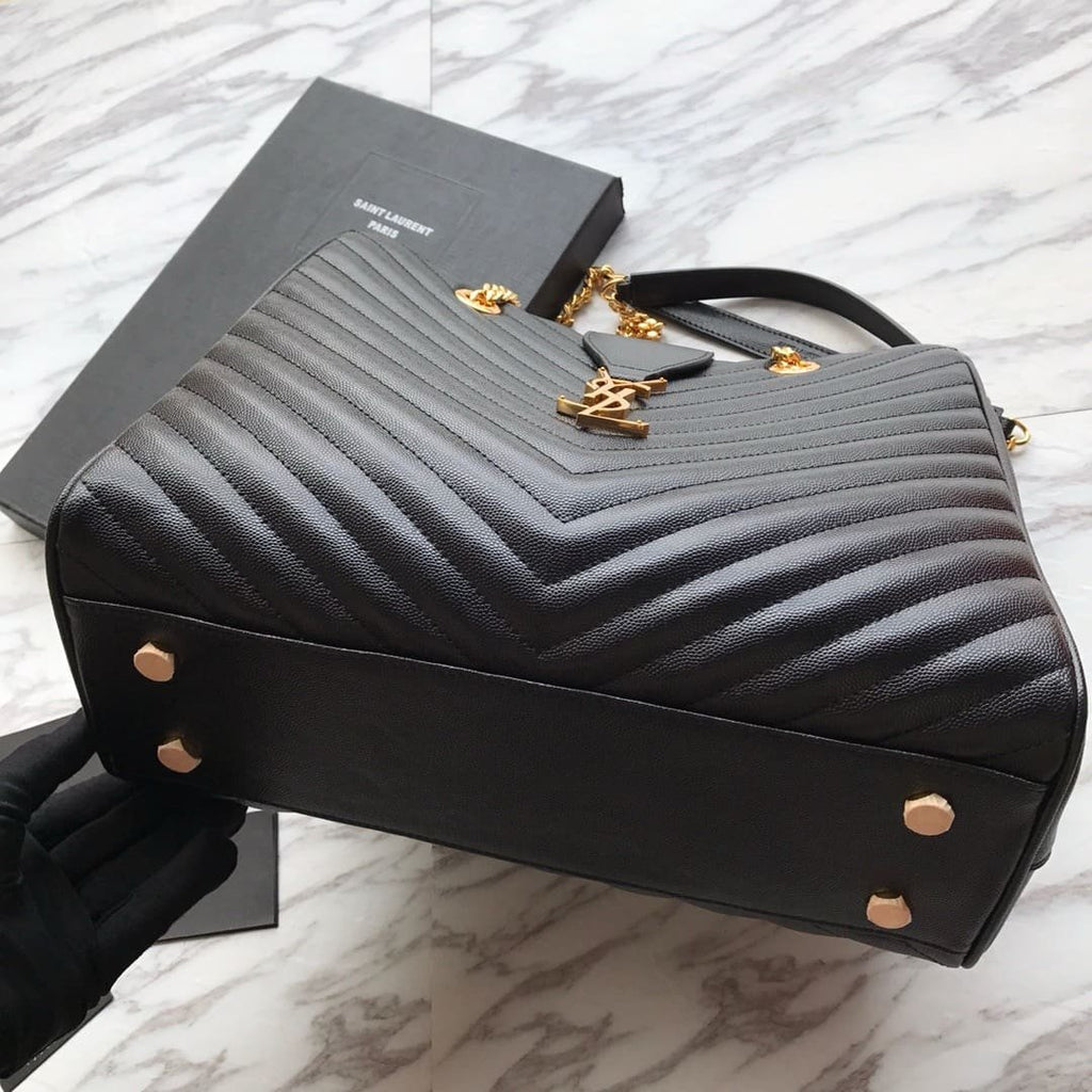 Saint Laurent Black Chevron Leather Monogram Chain Cassandre Tote