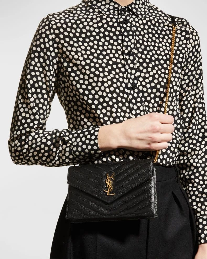 Saint Laurent YSL Monogram Small Wallet on Chain in Grained Leather