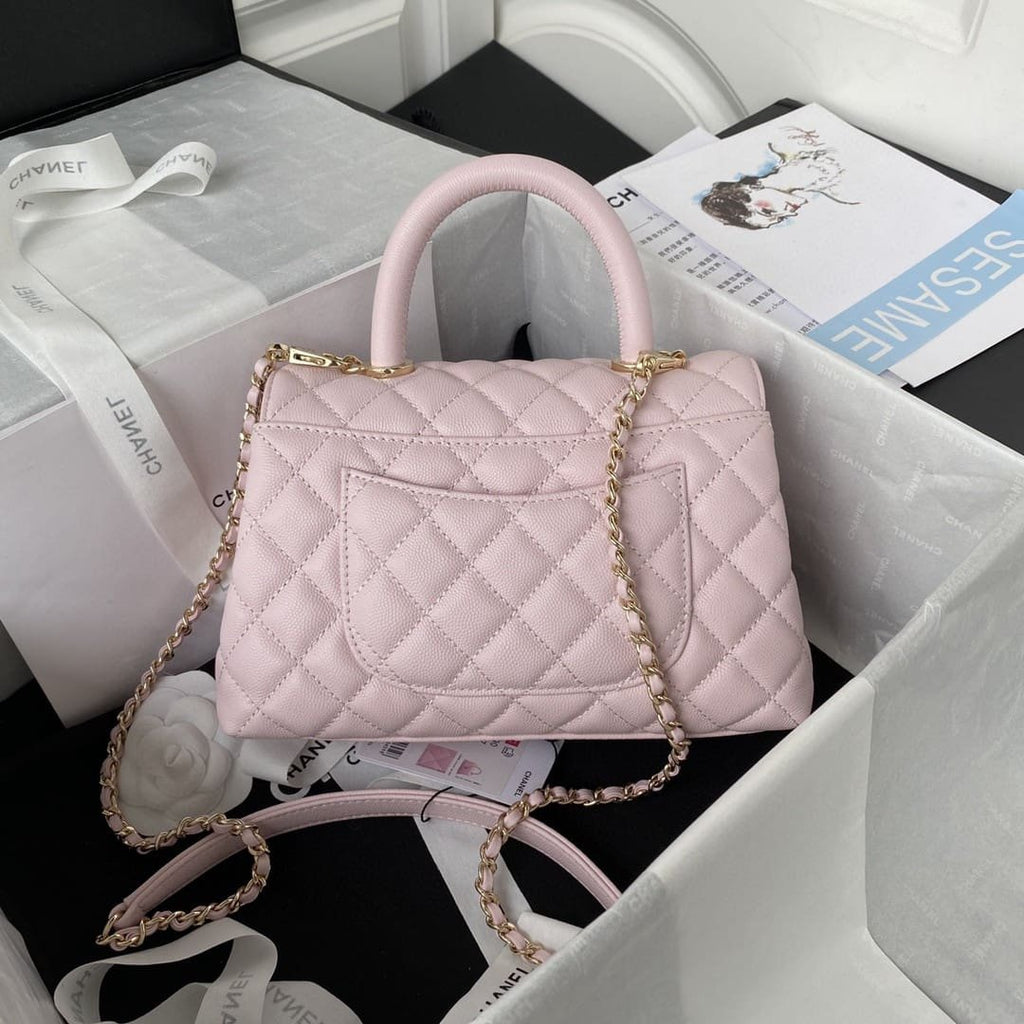 Chanel Pink Quilted Caviar Coco Top Handle Flap Bag Gold Hardware