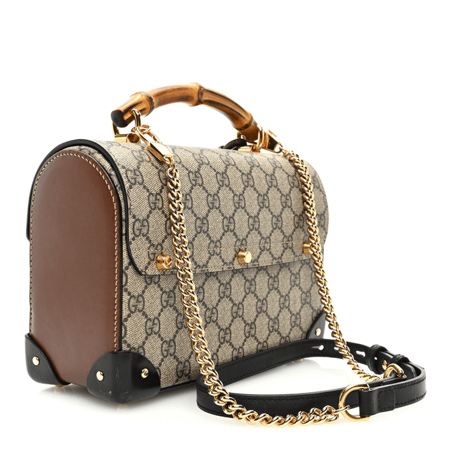 Gucci GG Supreme Monogram Small Padlock Bamboo Shoulder Bag Beige Black Cuir