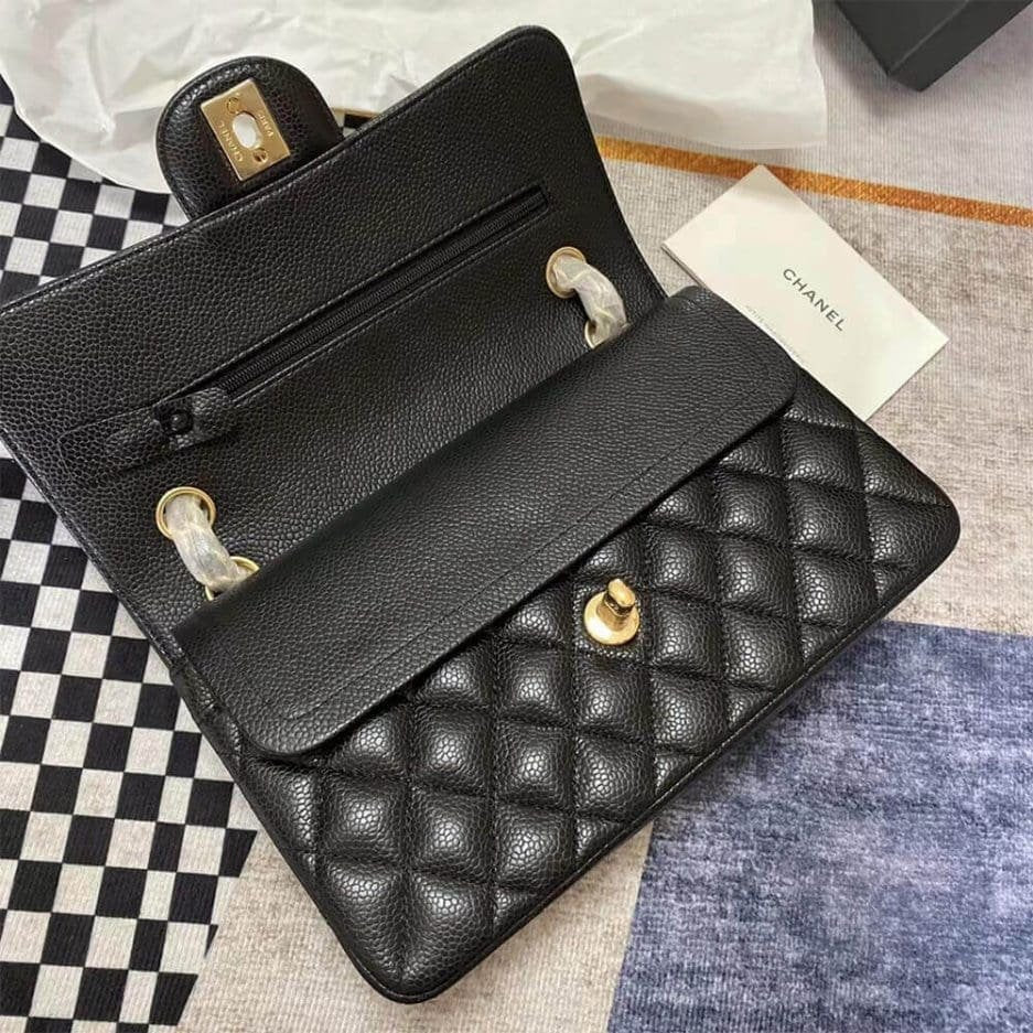Chanel Classic Flap Handbag Grained Calfskin & Gold Metal