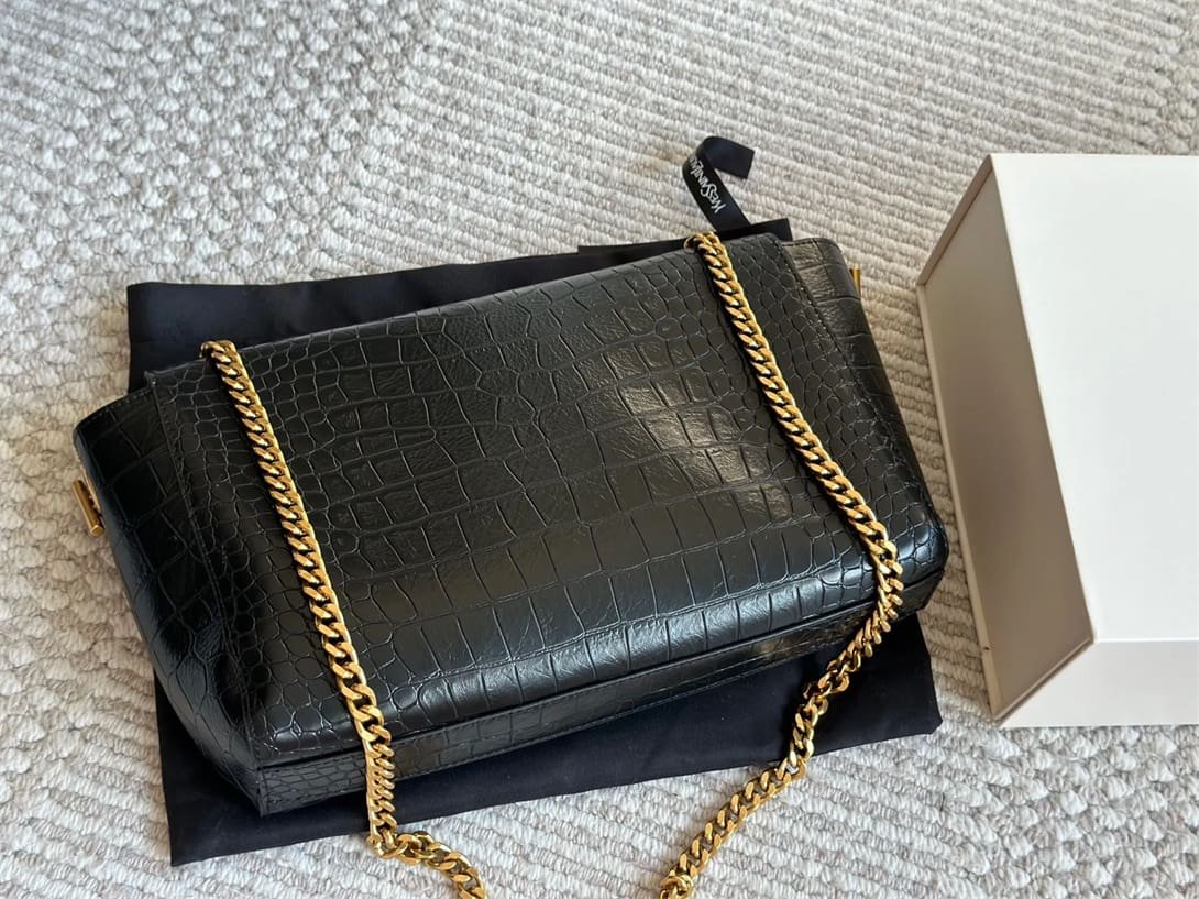 Saint Laurent Medium Double-Sided Lettering Kate Crossbody Bag in Calfskin and Crocodile-Embossed Suede