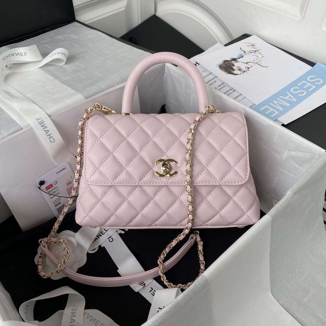 Chanel Pink Quilted Caviar Coco Top Handle Flap Bag Gold Hardware