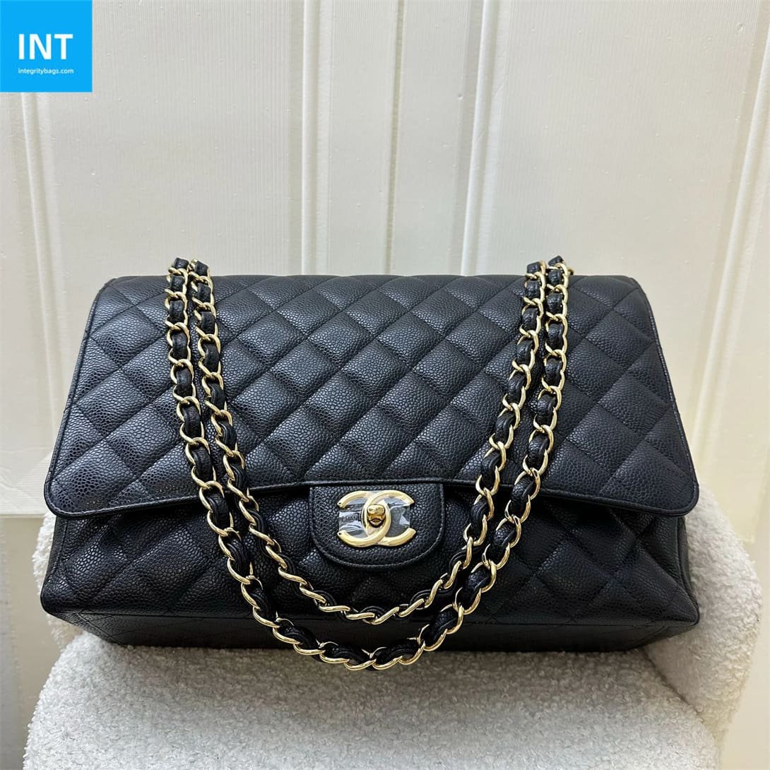CHANEL Classic Maxi Handbag GRAINED CALFSKIN & GOLD METAL