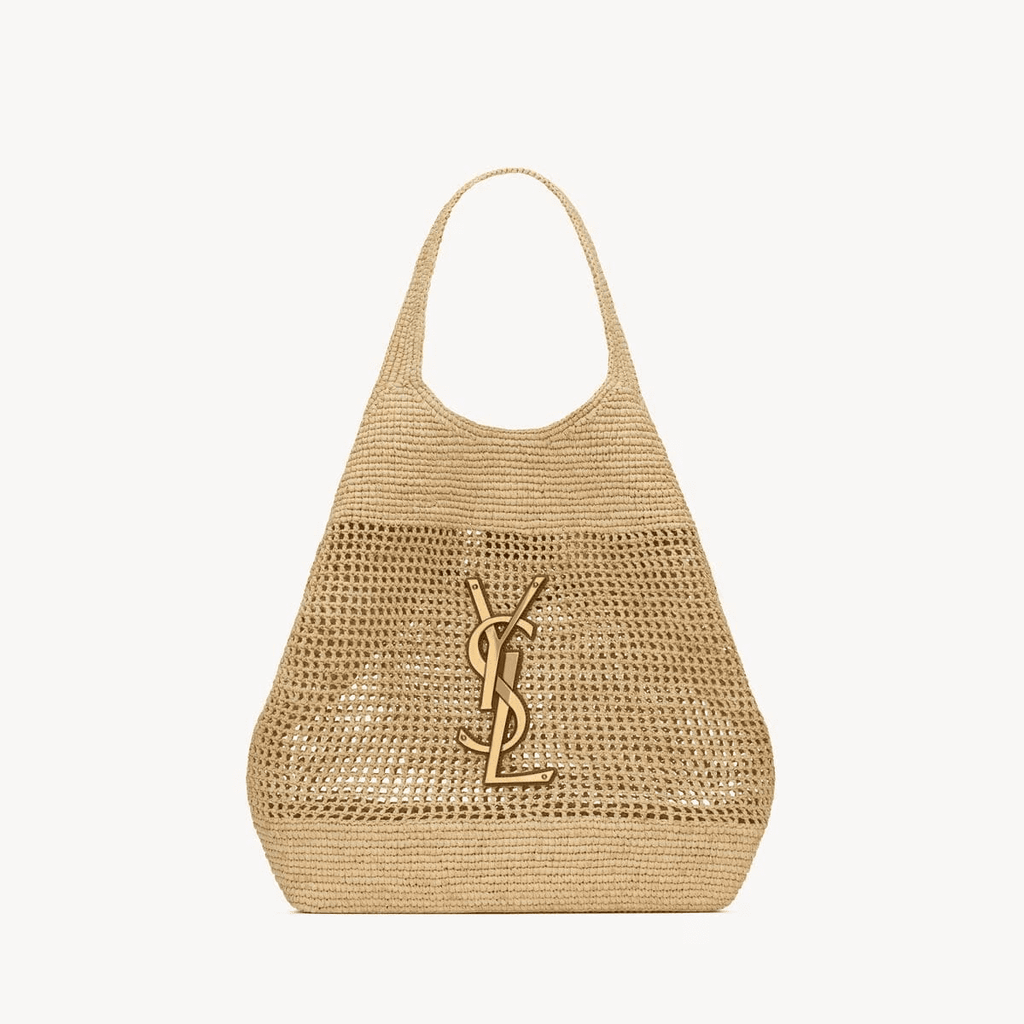 SAINT LAURENT ICARE IN RAFFIA NATUREL AND BROWN GOLD