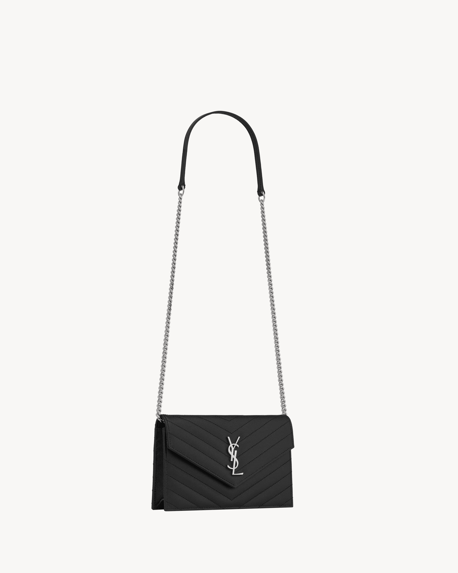 SAINT LAURENT CASSANDRE ENVELOPE CHAIN WALLET IN GRAIN DE POUDRE LEATHER