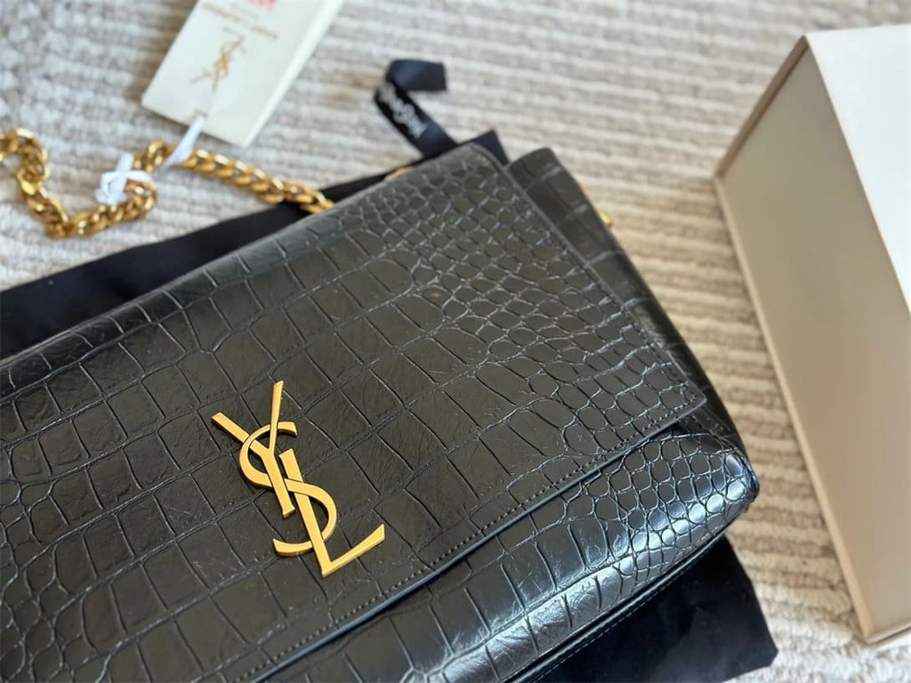 Saint Laurent Medium Double-Sided Lettering Kate Crossbody Bag in Calfskin and Crocodile-Embossed Suede