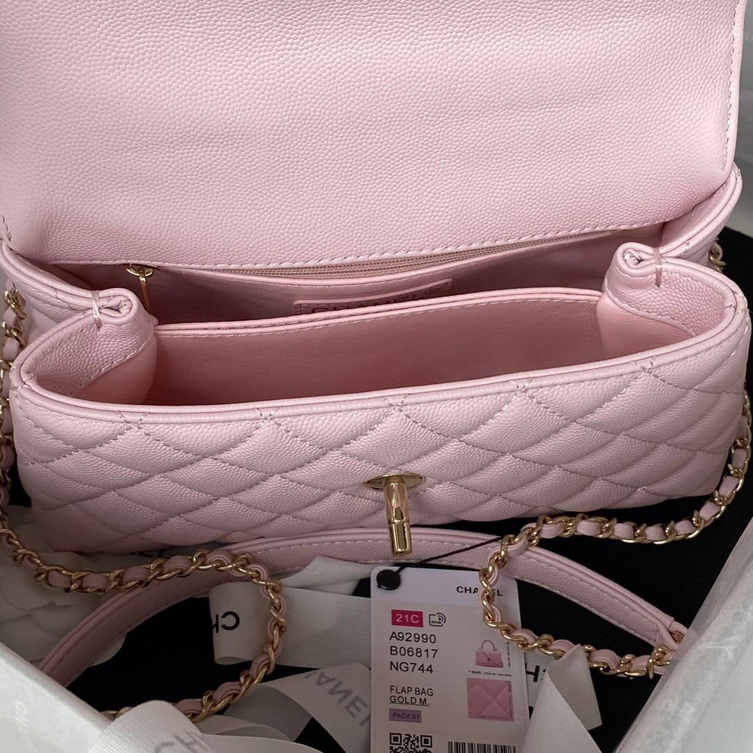 Chanel Pink Quilted Caviar Coco Top Handle Flap Bag Gold Hardware