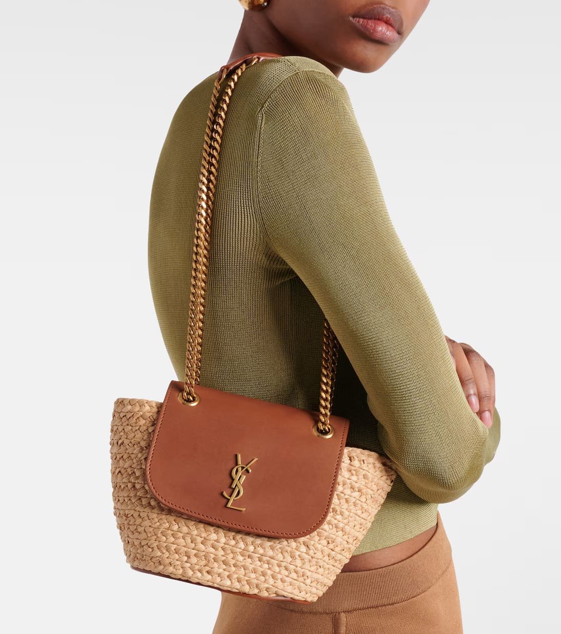Saint Laurent Manon Mini raffia and leather shoulder bag