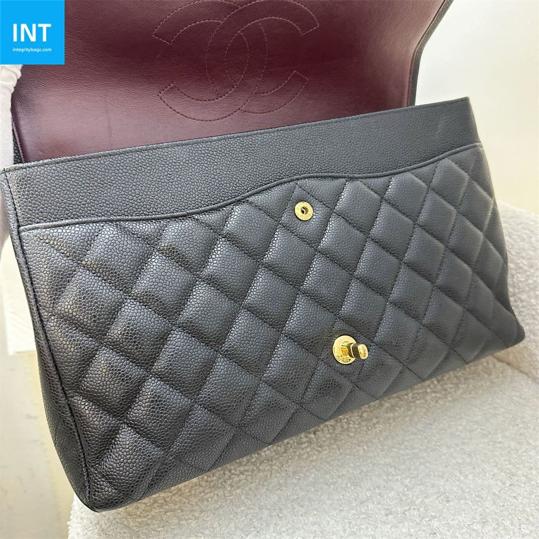 CHANEL Classic Maxi Handbag GRAINED CALFSKIN & GOLD METAL