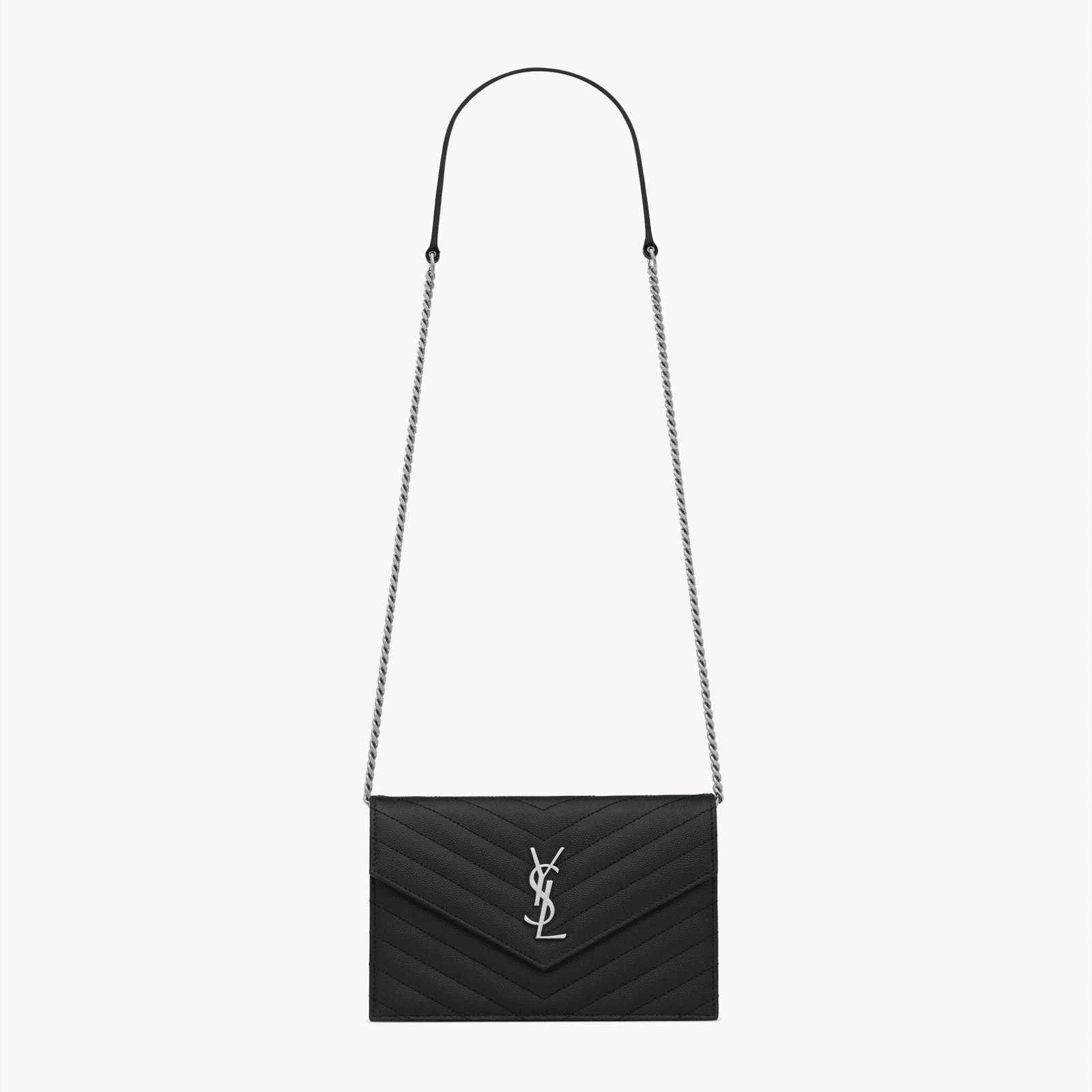 SAINT LAURENT CASSANDRE ENVELOPE CHAIN WALLET IN GRAIN DE POUDRE LEATHER