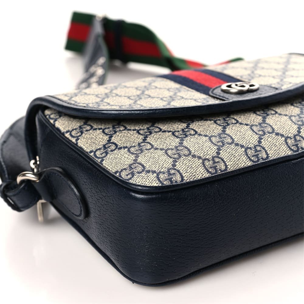 Gucci Supreme Monogram Textured Dollar Calfskin Web Studded Mini Ophidia Flap Shoulder Bag Beige Blue