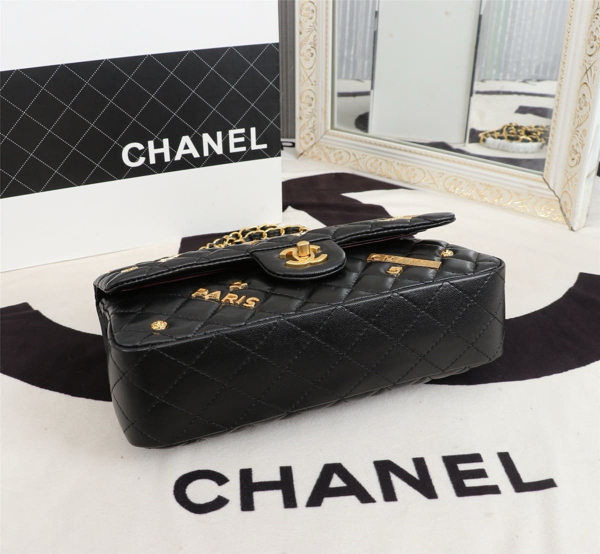 Chanel Lambskin Quilted Medium Rue Cambon Charms Double Flap Black