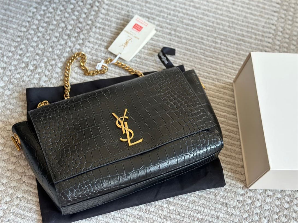 Saint Laurent Medium Double-Sided Lettering Kate Crossbody Bag in Calfskin and Crocodile-Embossed Suede