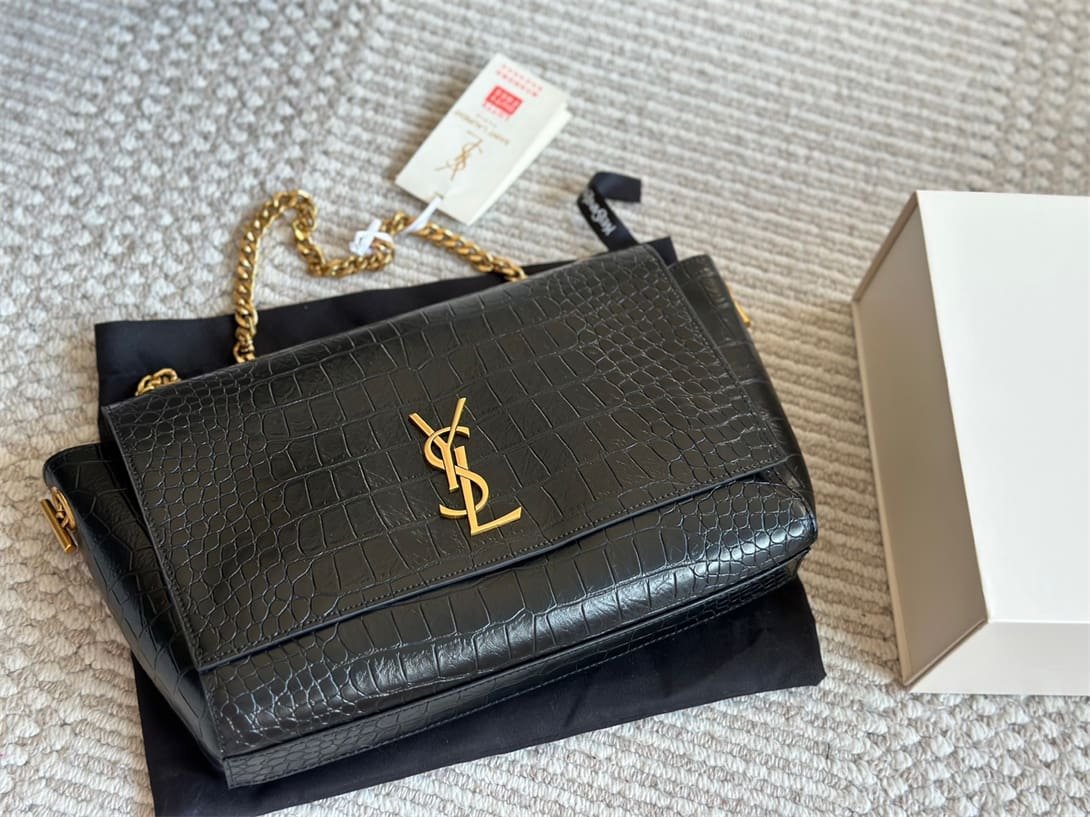 Saint Laurent Medium Double-Sided Lettering Kate Crossbody Bag in Calfskin and Crocodile-Embossed Suede