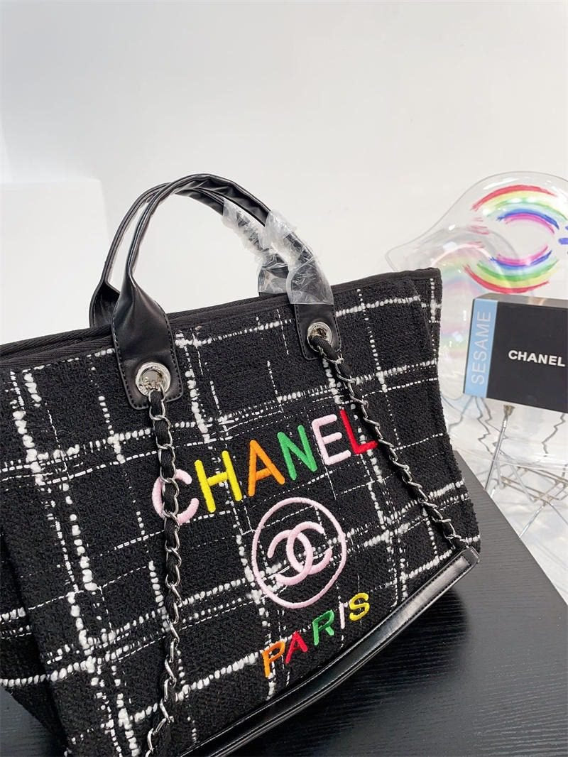 Chanel Rainbow Black Tweed Deauville Tote Black
