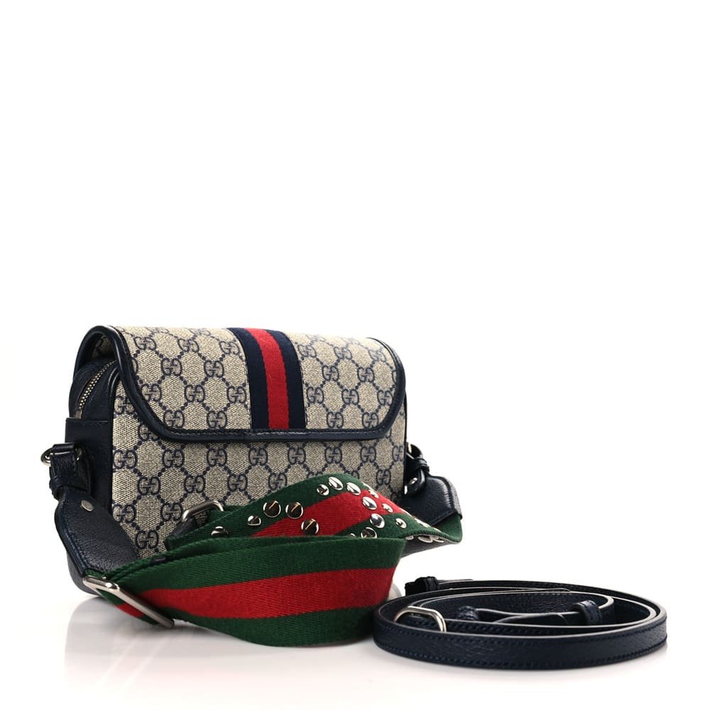 Gucci Supreme Monogram Textured Dollar Calfskin Web Studded Mini Ophidia Flap Shoulder Bag Beige Blue