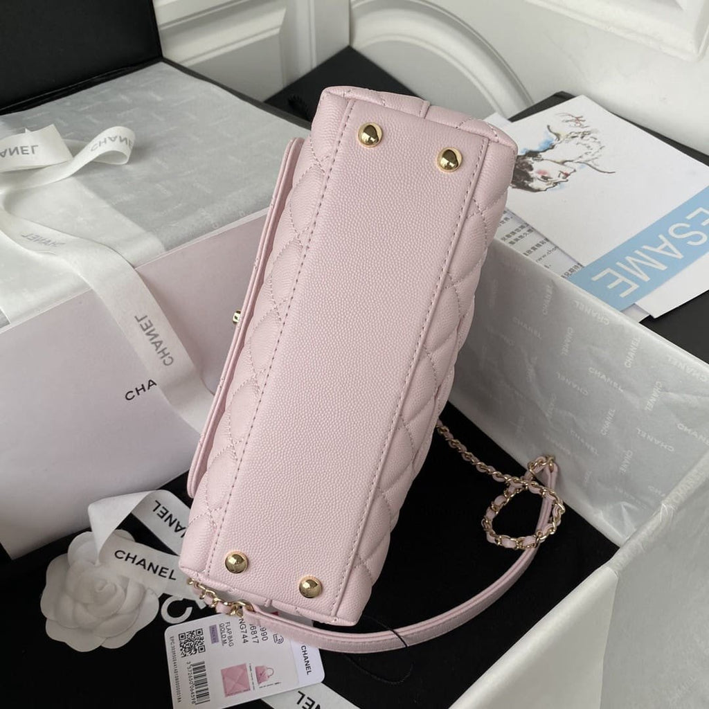 Chanel Pink Quilted Caviar Coco Top Handle Flap Bag Gold Hardware