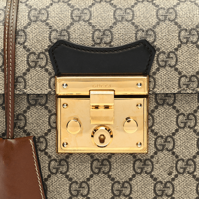Gucci GG Supreme Monogram Small Padlock Bamboo Shoulder Bag Beige Black Cuir