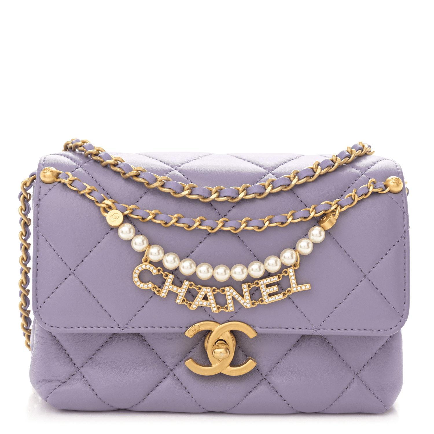 Chanel  Shiny Lambskin Quilted Mini Pearl Logo Flap Light Purple