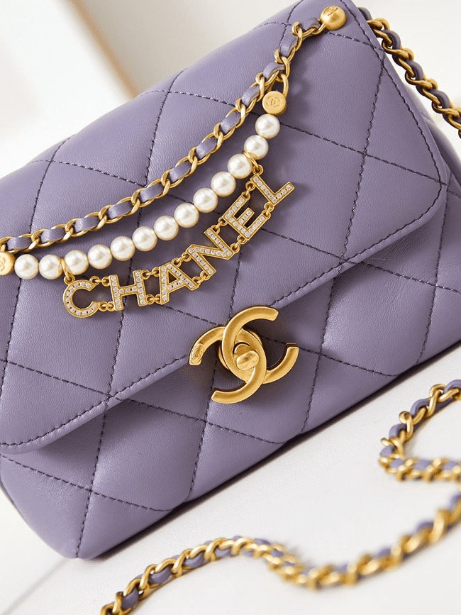 Chanel  Shiny Lambskin Quilted Mini Pearl Logo Flap Light Purple