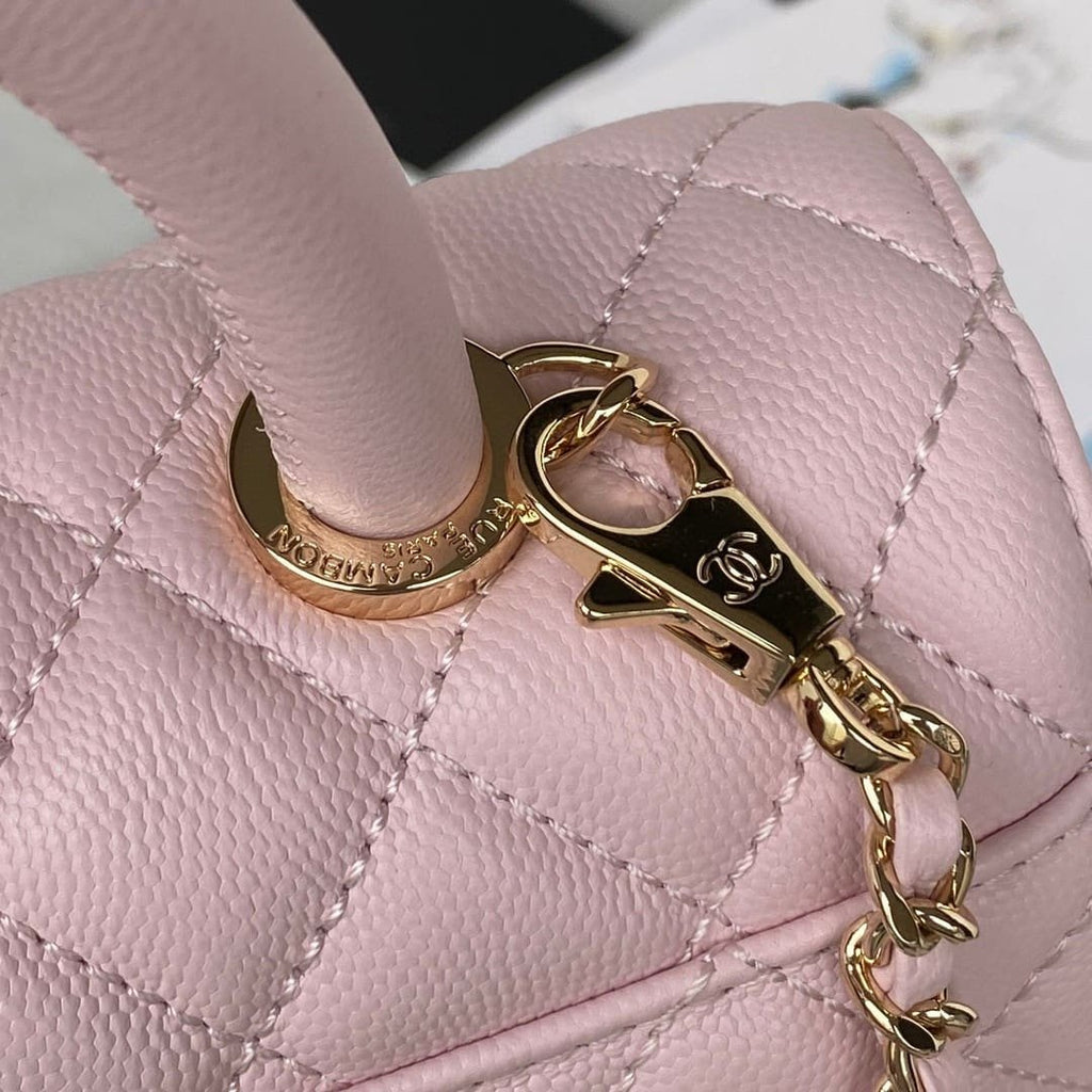 Chanel Pink Quilted Caviar Coco Top Handle Flap Bag Gold Hardware