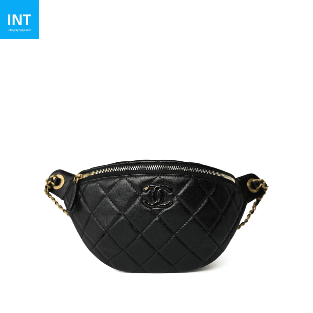 CHANEL 24A Black Lambskin Quilted Waist Bag