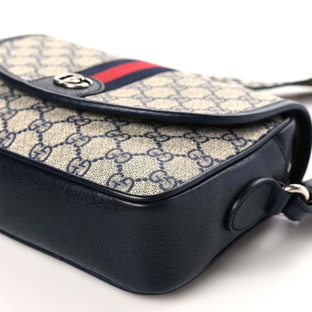 Gucci Supreme Monogram Textured Dollar Calfskin Web Studded Mini Ophidia Flap Shoulder Bag Beige Blue