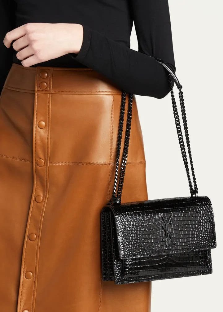 SAINT LAURENT Sunset Medium YSL Crossbody Bag in Croc-Emboassed Leather