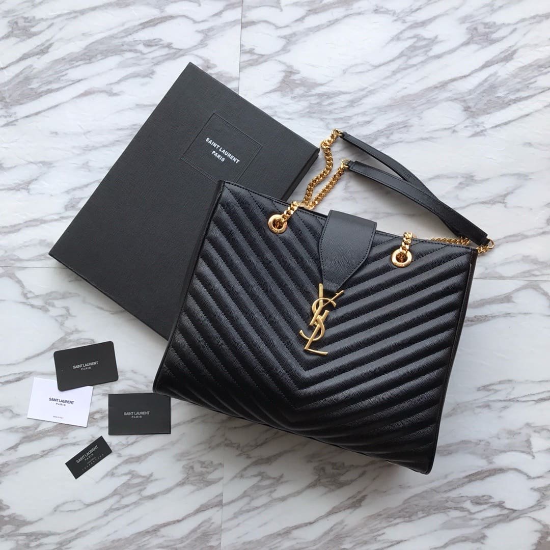 Saint Laurent Black Chevron Leather Monogram Chain Cassandre Tote