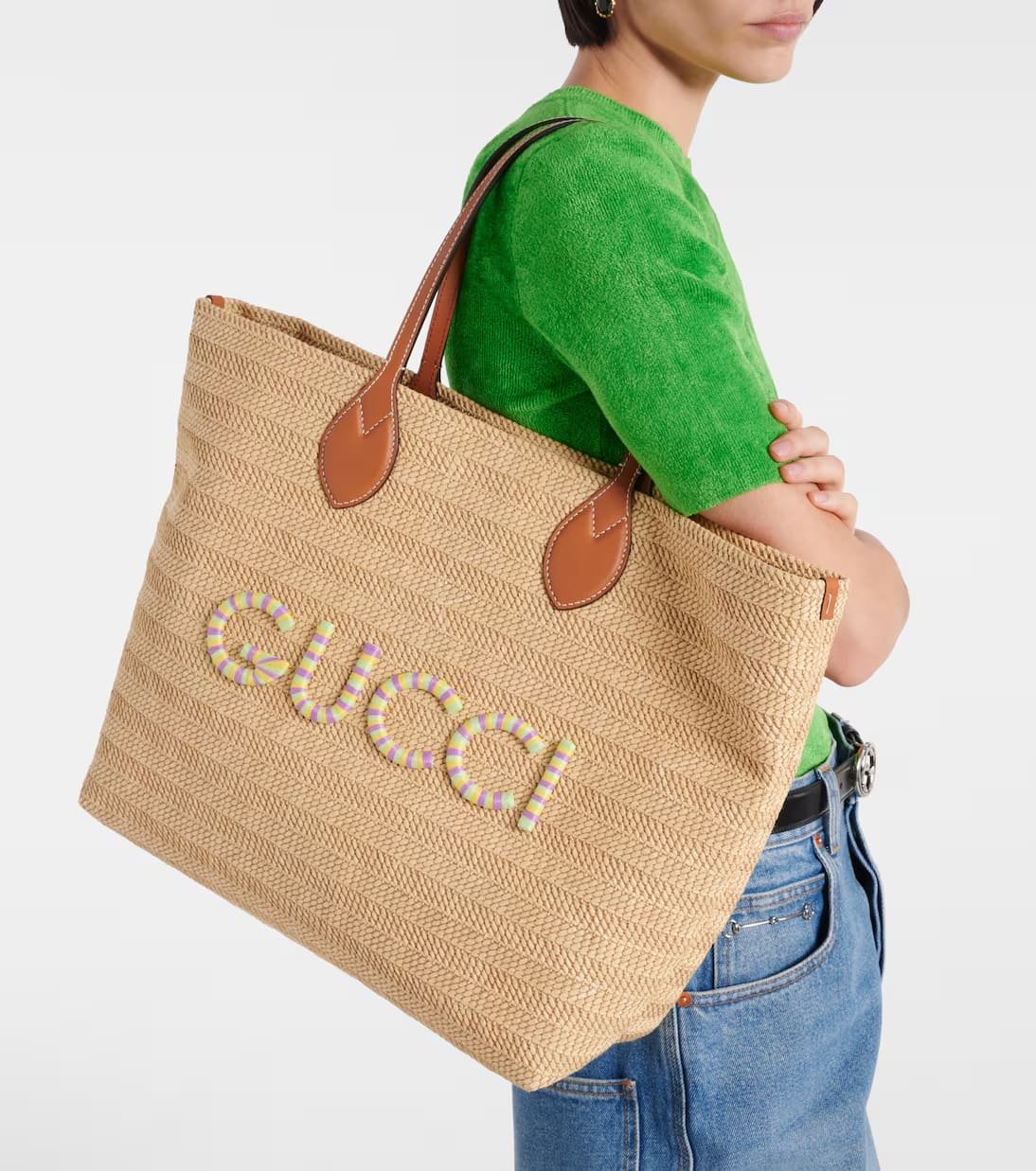 Gucci Medium logo raffia-effect tote bag