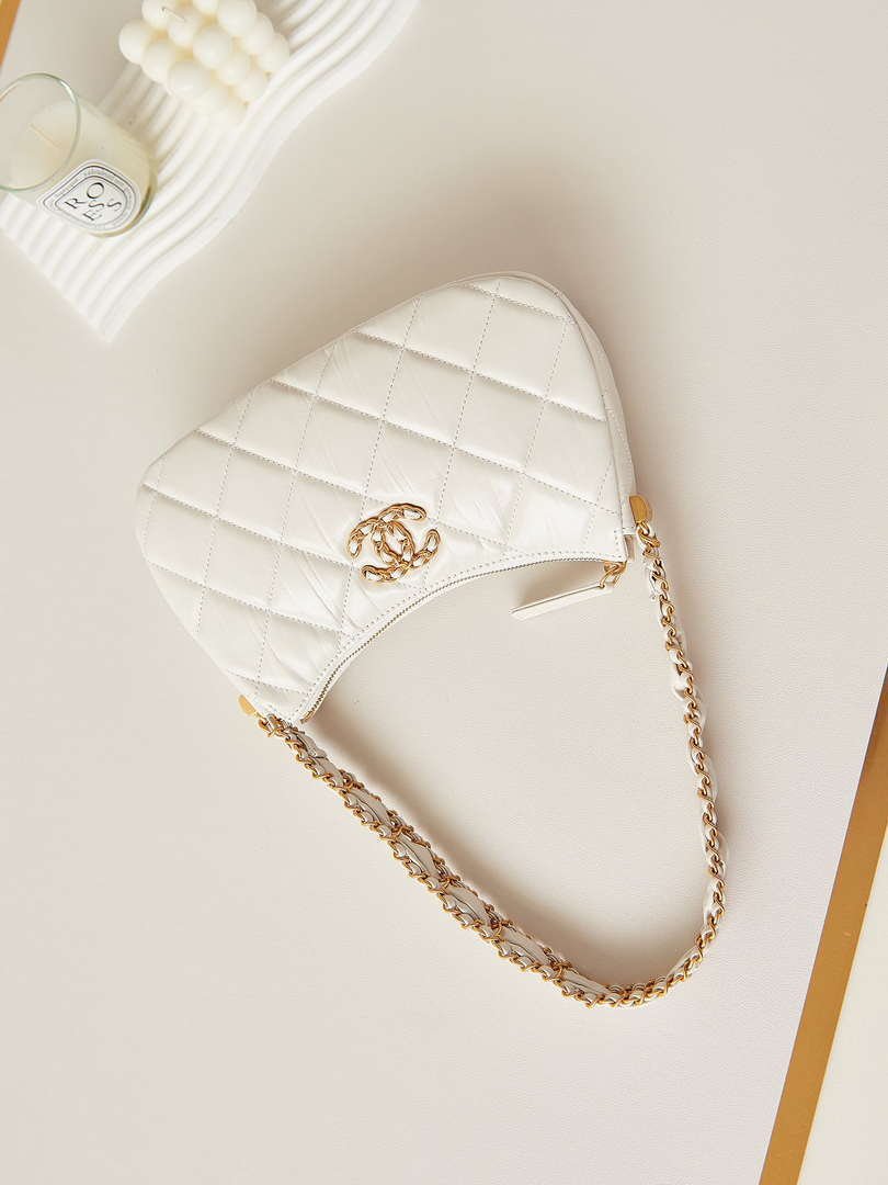Chanel AS4422 23K Hobo Bag Lambskin Gold Metal White