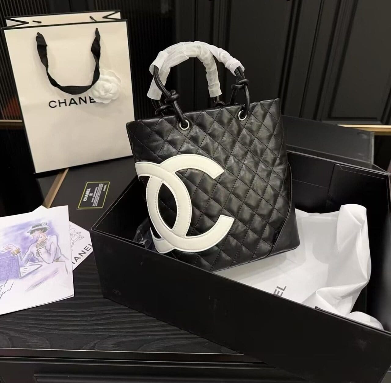 Chanel Black Quilted Lambskin Leather Medium Cambon Tote
