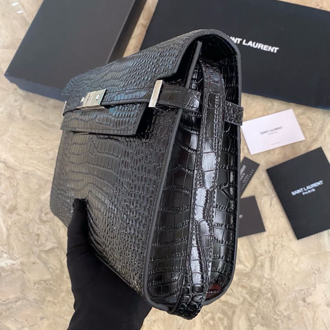 Saint Laurent Black Manhattan croc-effect shoulder bag