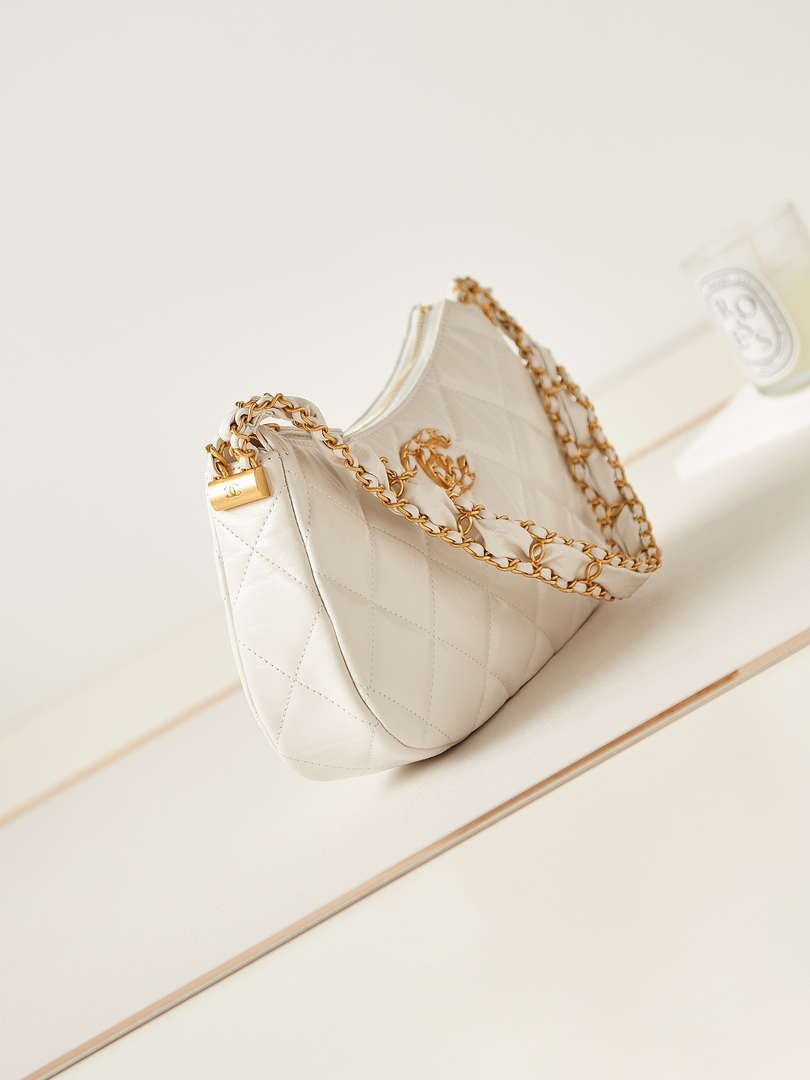 Chanel AS4422 23K Hobo Bag Lambskin Gold Metal White