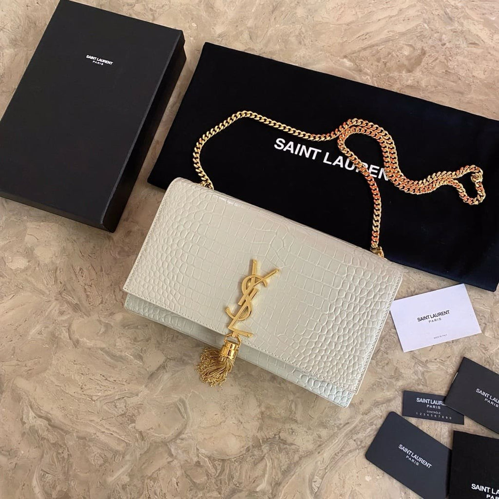 Saint Laurent KATE SMALL TASSEL IN CROCODILE-EMBOSSED LEATHER