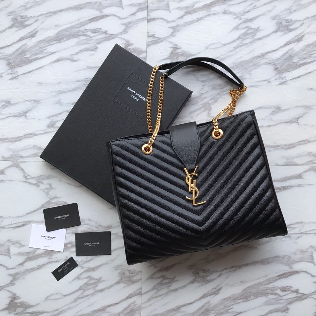 Saint Laurent Black Chevron Leather Monogram Chain Cassandre Tote
