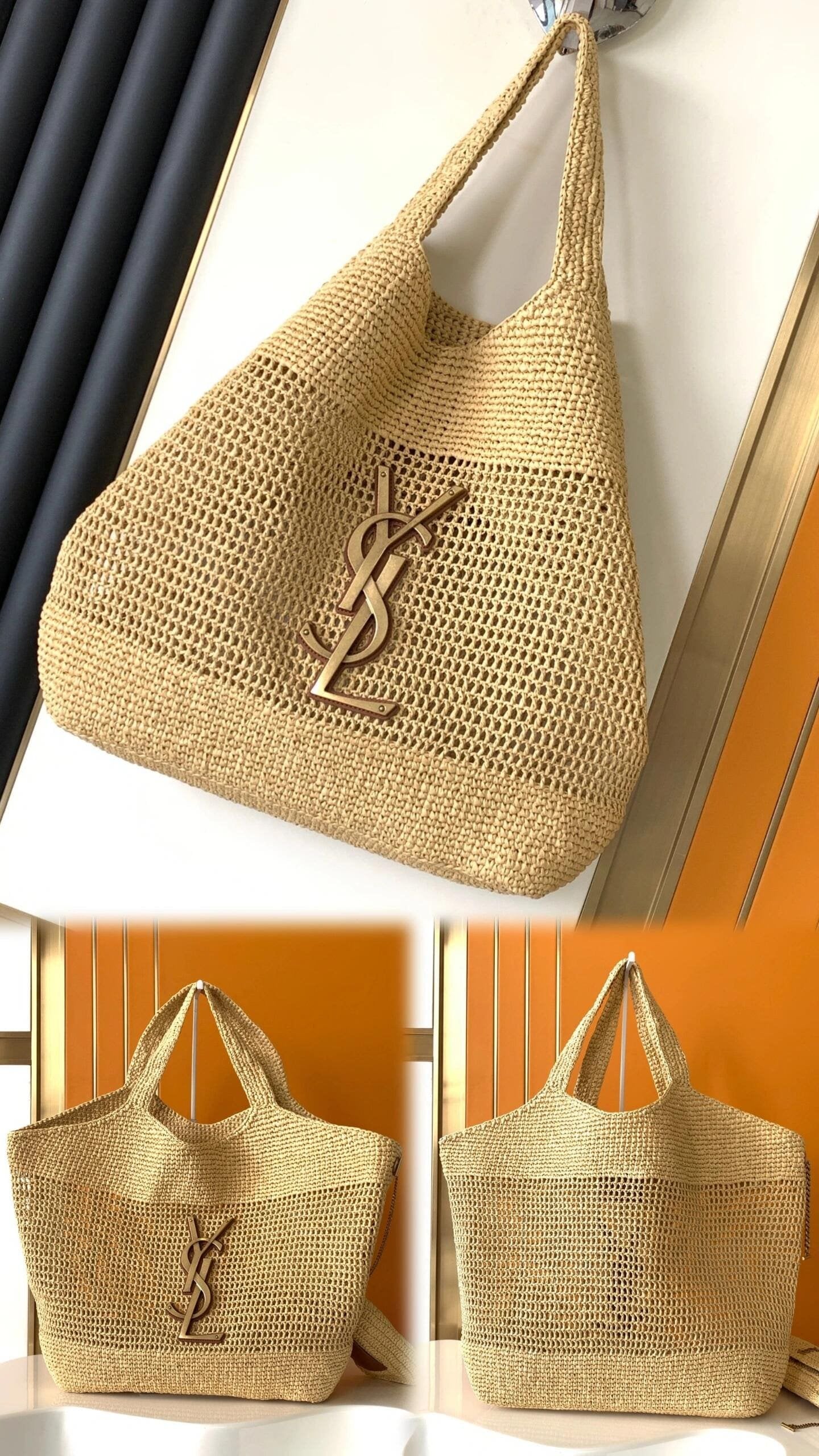 SAINT LAURENT ICARE IN RAFFIA NATUREL AND BROWN GOLD