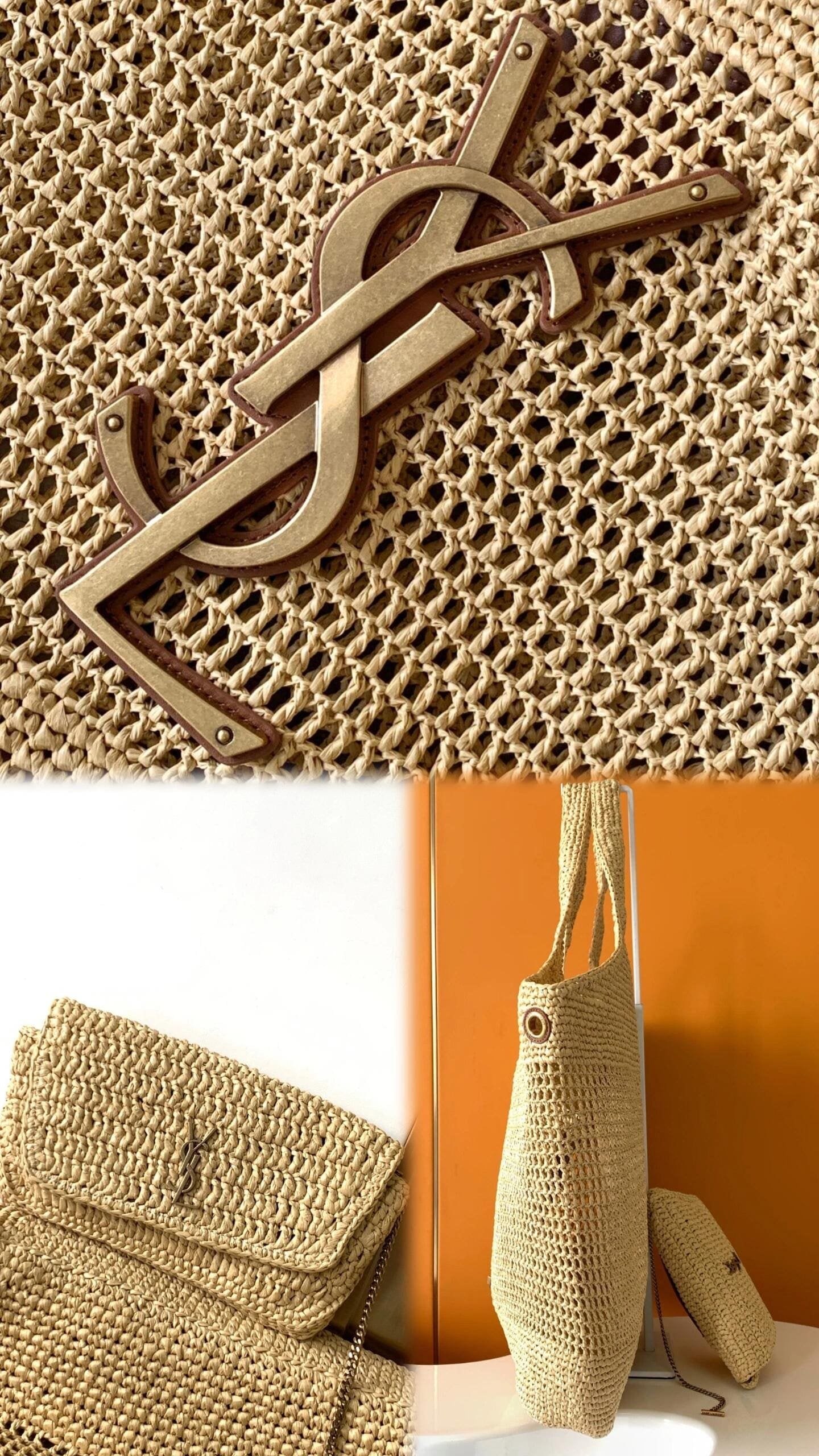 SAINT LAURENT ICARE IN RAFFIA NATUREL AND BROWN GOLD