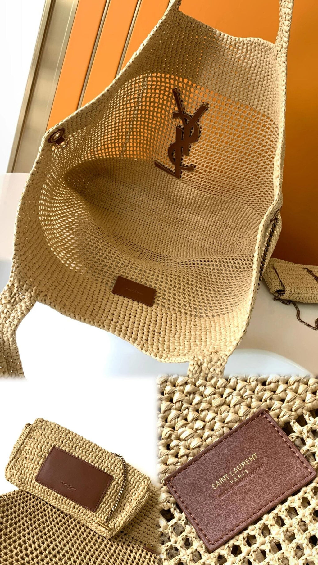 SAINT LAURENT ICARE IN RAFFIA NATUREL AND BROWN GOLD