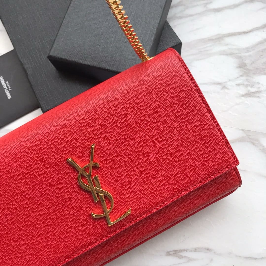 Saint Laurent Red Grained Leather Monogram Medium Kate Flap Bag
