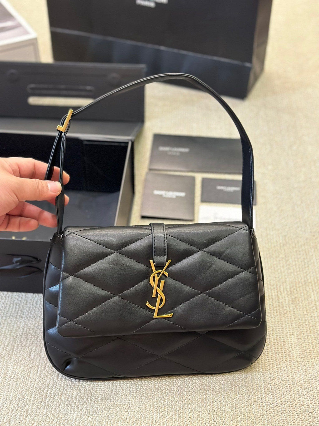SAINT LAURENT Lambskin Quilted Le 57 Diamond Shoulder Bag Black