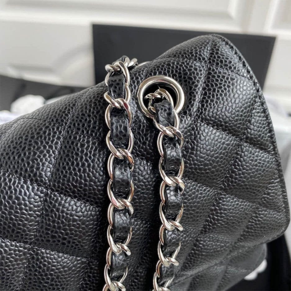 CHANEL CLASSIC HANDBAG Grained Calfskin & Silver Metal