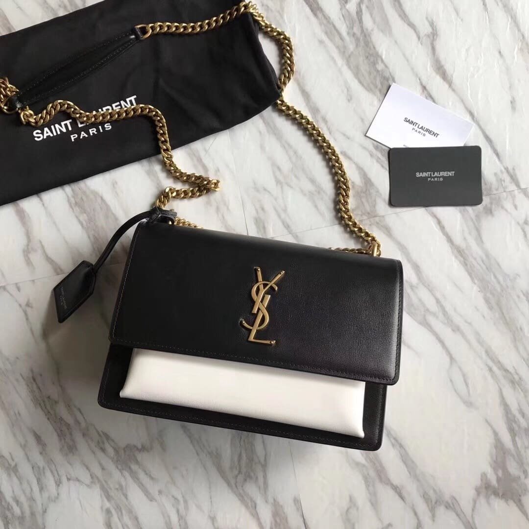 Saint Laurent  Calfskin Bi-Color Medium Monogram Sunset Black Pearl White