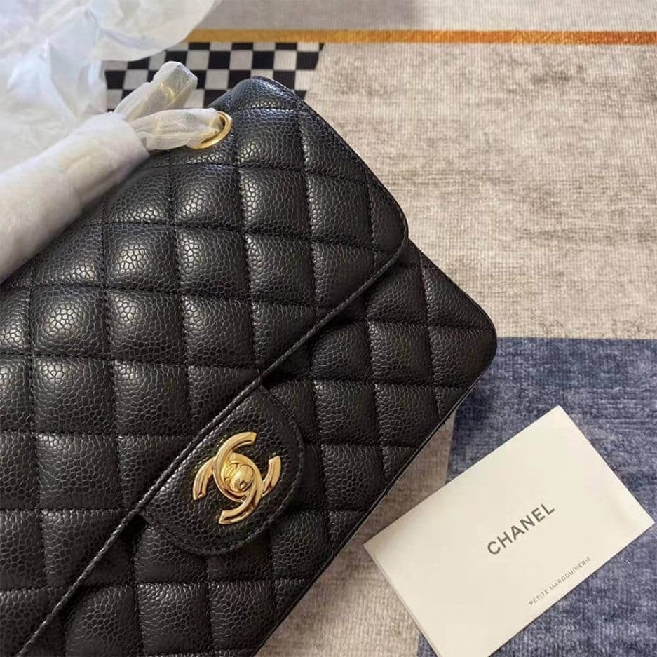 Chanel Classic Flap Handbag Grained Calfskin & Gold Metal