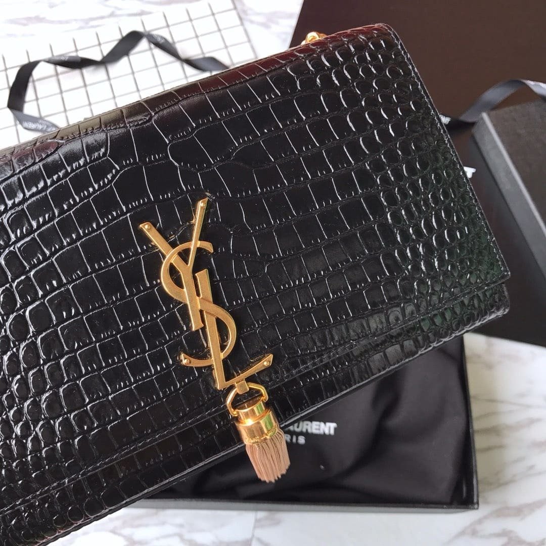 Saint Laurent Medium Kate Tassel Chain Bag In Black Crocodile Em