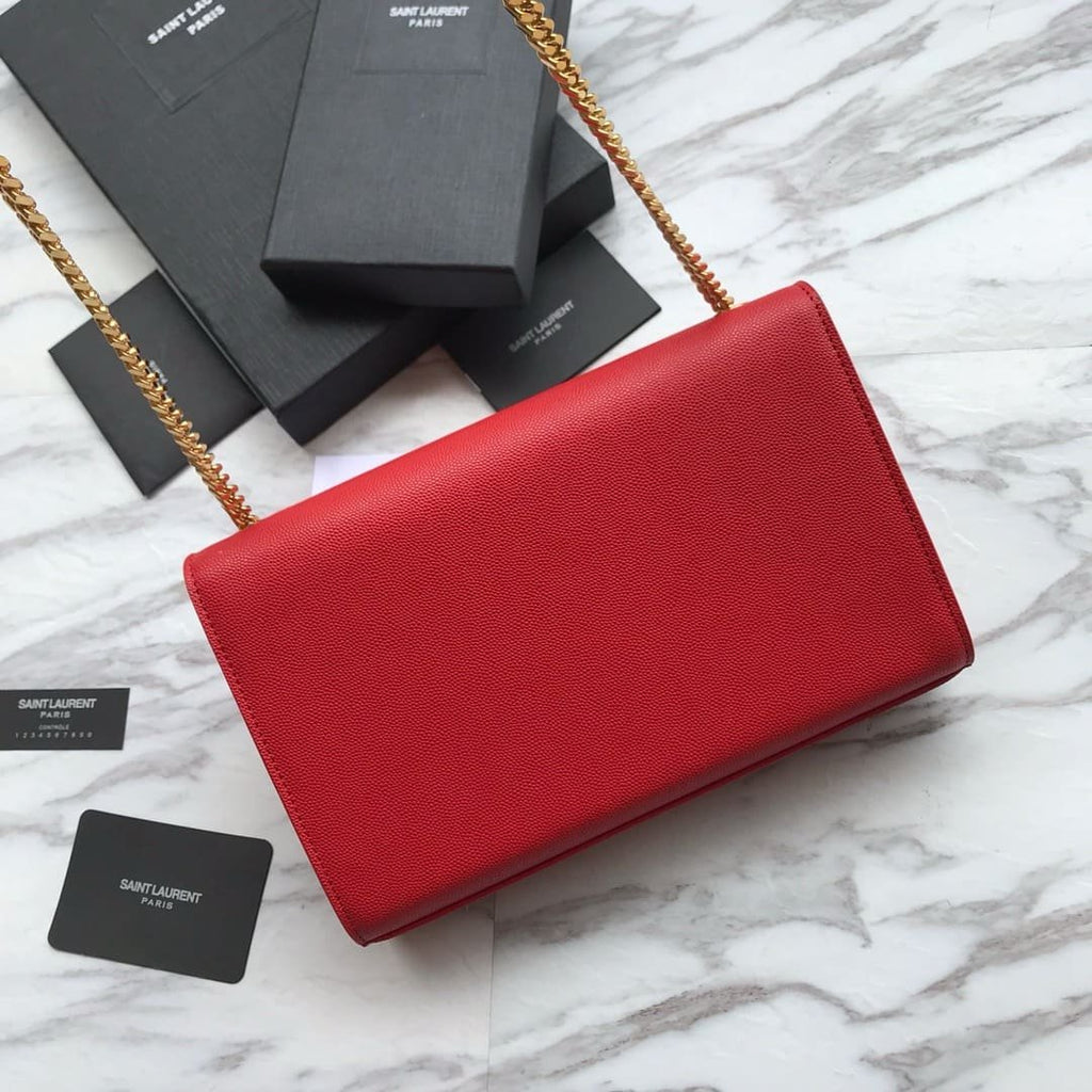 Saint Laurent Red Grained Leather Monogram Medium Kate Flap Bag