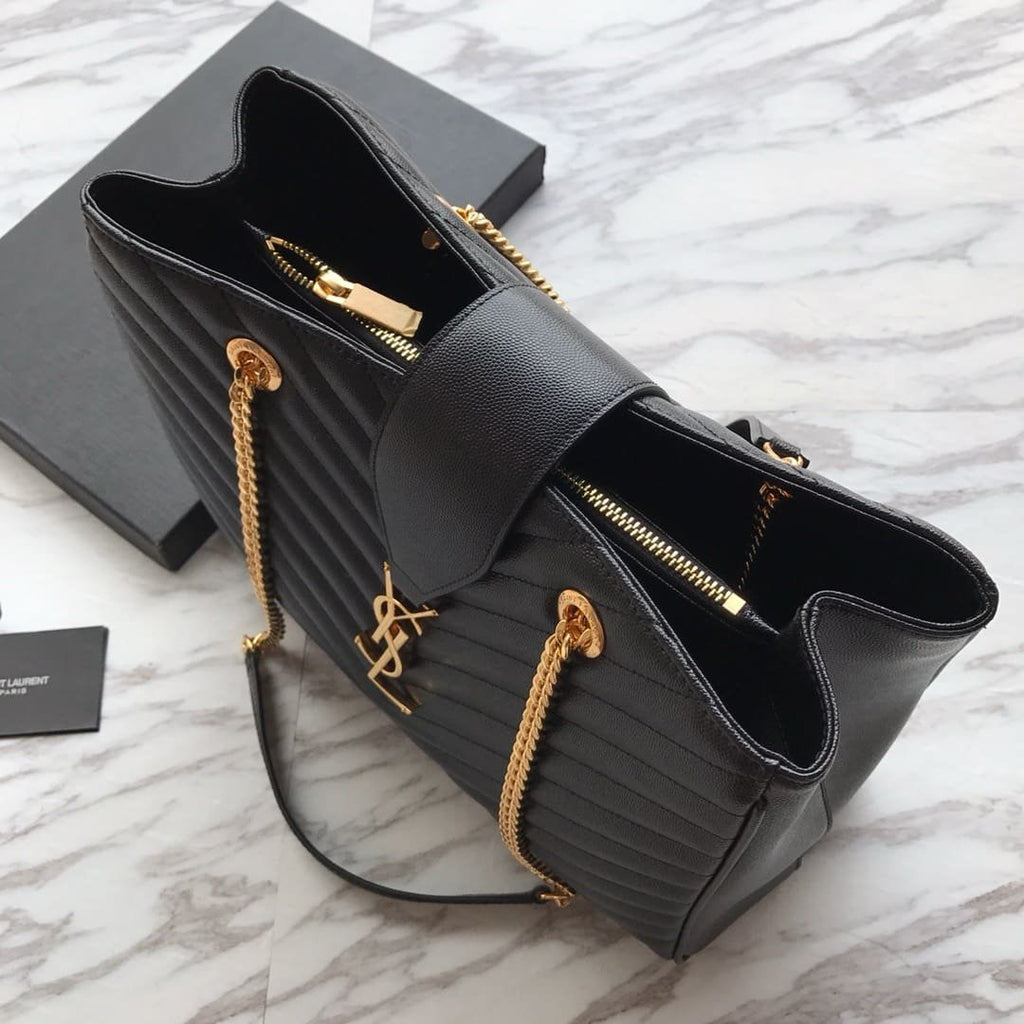 Saint Laurent Black Chevron Leather Monogram Chain Cassandre Tote